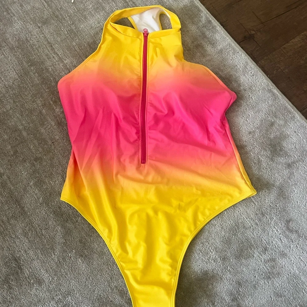 Fashion Nova Pink and Yellow One Piece Swimsuit with Zipper